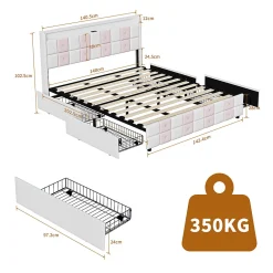 Simple Life Lit double 140x190 cm, rangement, tête LED multicolore, USB, 4 tiroirs, Velours, Blanc Rose