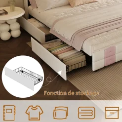 Simple Life Lit double 140x190 cm, rangement, tête LED multicolore, USB, 4 tiroirs, Velours, Blanc Rose