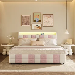 Simple Life Lit double 140x190 cm, rangement, tête LED multicolore, USB, 4 tiroirs, Velours, Blanc Rose