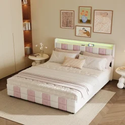 Simple Life Lit double 140x190 cm, rangement, tête LED multicolore, USB, 4 tiroirs, Velours, Blanc Rose