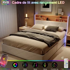 Simple Life Lit double 140x200 cm, rangement à vérin hydraulique, tête de lit USB, LED, effet pierre, PU, Blanc Sale