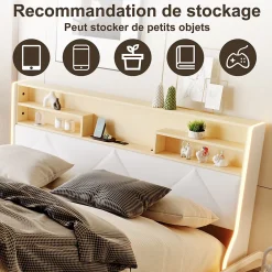 Simple Life Lit double 140x200 cm, rangement à vérin hydraulique, tête de lit USB, LED, effet pierre, PU, Blanc Sale