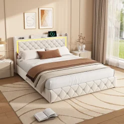 Simple Life Lit double 140x190 cm, rangement, tête de lit étagères, LED, USB Type-C, Velours, Beige New