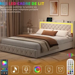 Simple Life Lit double 140x190 cm, rangement, tête de lit étagères, LED, USB Type-C, Velours, Beige New