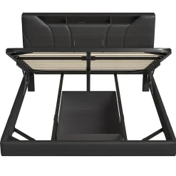 ProximaX Lit double 140x200 cm rembourré gris en PU avec LED, ports USB, tête de lit et coffre de rangement