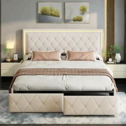 ProximaX Lit double 140x200 cm rembourré avec LED, tête réglable, 4 tiroirs, coffre de rangement et sommier, Blanc cassé