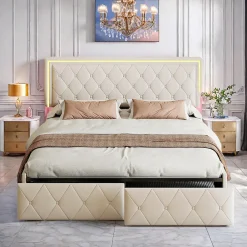 ProximaX Lit double 140x200 cm rembourré avec LED, tête réglable, 4 tiroirs, coffre de rangement et sommier, Blanc cassé