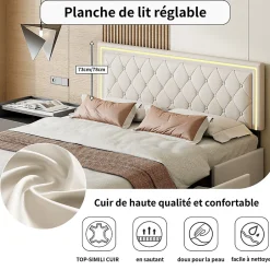 ProximaX Lit double 140x200 cm rembourré avec LED, tête réglable, 4 tiroirs, coffre de rangement et sommier, Blanc cassé