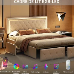 ProximaX Lit double 140x200 cm rembourré avec LED, tête réglable, 4 tiroirs, coffre de rangement et sommier, Blanc cassé