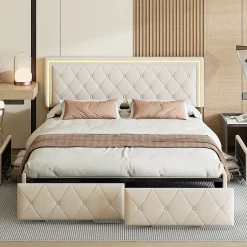 ProximaX Lit double 140x200 cm rembourré avec LED, tête réglable, 4 tiroirs, coffre de rangement et sommier, Blanc cassé