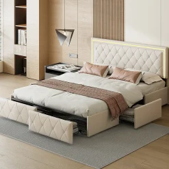 ProximaX Lit double 140x200 cm rembourré avec LED, tête réglable, 4 tiroirs, coffre de rangement et sommier, Blanc cassé