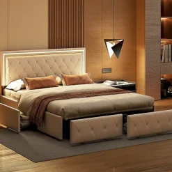 ProximaX Lit double 140x200 cm rembourré avec LED, tête réglable, 4 tiroirs, coffre de rangement et sommier, Blanc cassé