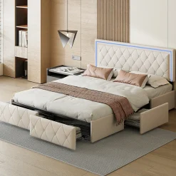 ProximaX Lit double 140x200 cm rembourré avec LED, tête réglable, 4 tiroirs, coffre de rangement et sommier, Blanc cassé