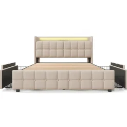 Fortuna lai Lit double 160x200 cm rembourré, tête LED, 4 tiroirs, USB, lin beige, sans matelas Sale