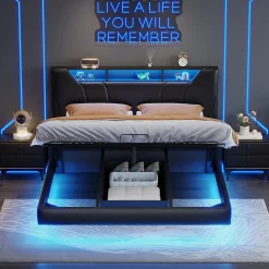 ProximaX Lit double 140x200 cm rembourré gris en PU avec LED, ports USB, tête de lit et coffre de rangement