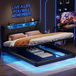 ProximaX Lit double 140x200 cm rembourré gris en PU avec LED, ports USB, tête de lit et coffre de rangement