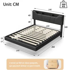 ProximaX Lit double 140x200 cm rembourré gris en PU avec LED, ports USB, tête de lit et coffre de rangement