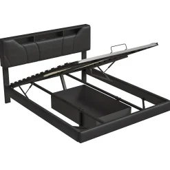 ProximaX Lit double 140x200 cm rembourré gris en PU avec LED, ports USB, tête de lit et coffre de rangement