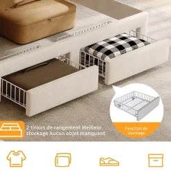 Simple Life Lit double 140x200 cm, tiroirs, tête de lit LED, USB, cadre métal, Velours, Beige Outlet