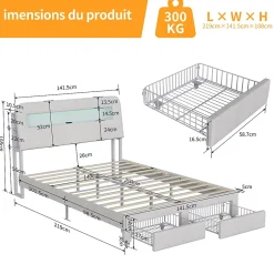 Simple Life Lit double 140x200 cm, tiroirs, tête de lit LED, USB, cadre métal, Velours, Beige Outlet