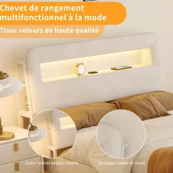 Simple Life Lit double 140x200 cm, tiroirs, tête de lit LED, USB, cadre métal, Velours, Beige Outlet