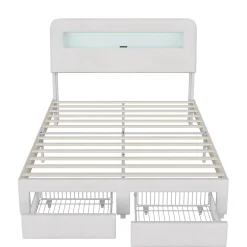 Simple Life Lit double 140x200 cm, tiroirs, tête de lit LED, USB, cadre métal, Velours, Beige Outlet