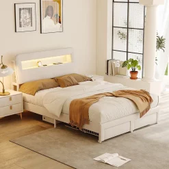Simple Life Lit double 140x200 cm, tiroirs, tête de lit LED, USB, cadre métal, Velours, Beige Outlet