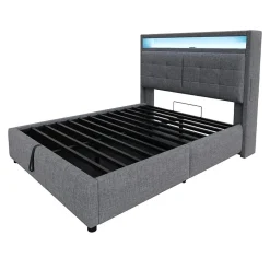 ProximaX Lit double 140x200 cm tissu gris avec LED, USB, tête de lit étagères et rangement hydraulique, Sommier inclus, design moderne