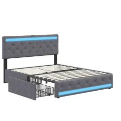 Simple Life Lit double 180x200 cm, tête de lit LED réglable, chargement USB/Type-C, 4 tiroirs, sommier à lattes, structure métal gris. Clearance