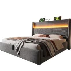 Blackcolors Lit double 180x200 cm, tête haute, LED/USB, hydraulique, lin - gris
