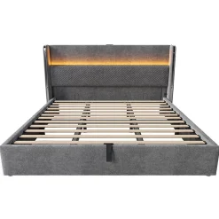 Blackcolors Lit double 180x200 cm, tête haute, LED/USB, hydraulique, lin - gris