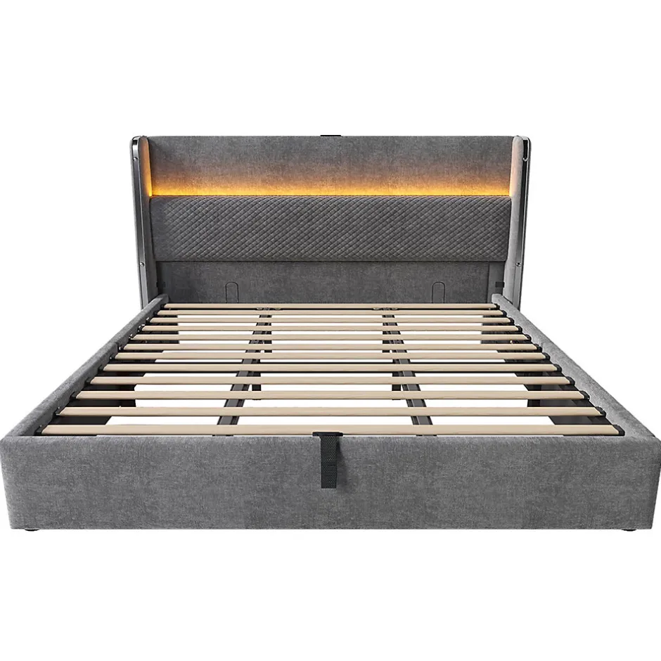 Blackcolors Lit double 180x200 cm, tête haute, LED/USB, hydraulique, lin - gris