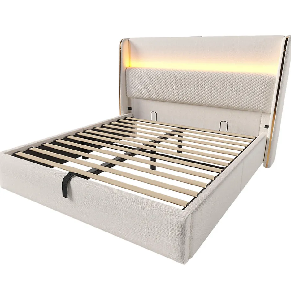 Blackcolors Lit double 140x200 cm, tête haute, LED/USB, hydraulique, lin - beige