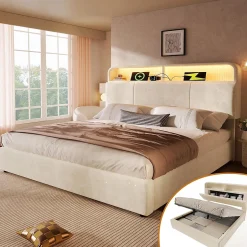Blackcolors Lit double 140x200 cm, tête réglable, LED/USB, hydraulique, velours - beige Clearance