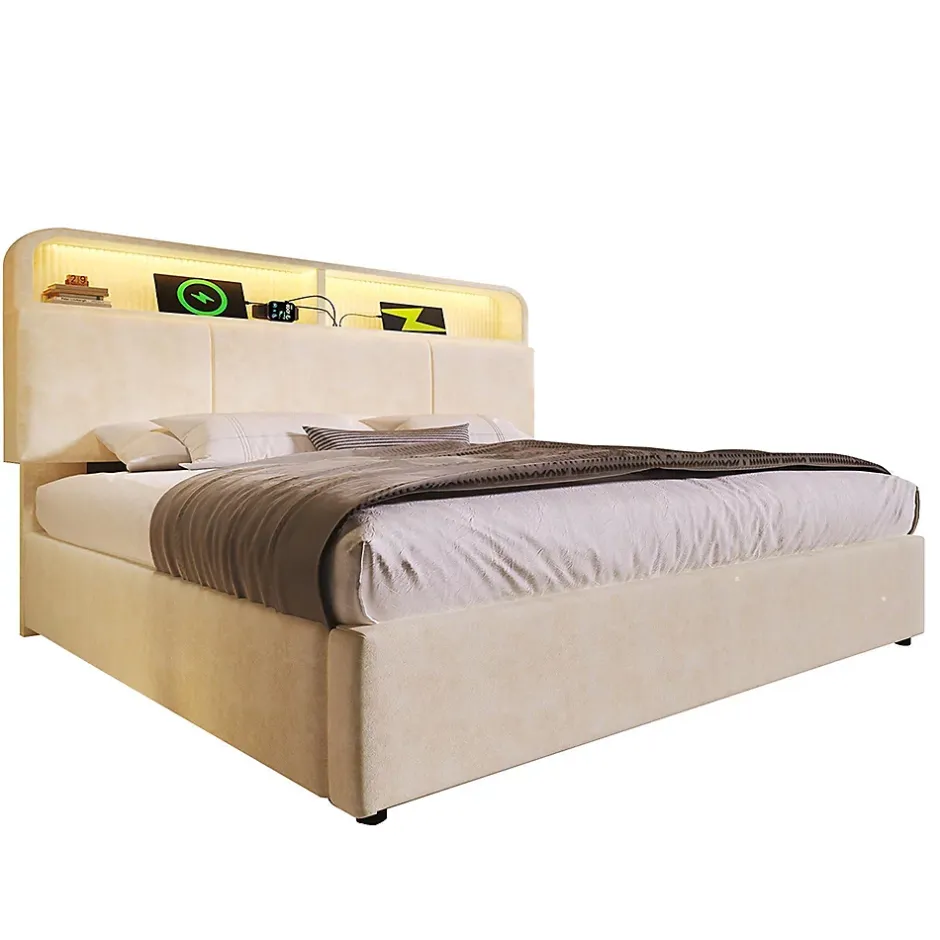 Blackcolors Lit double 140x200 cm, tête réglable, LED/USB, hydraulique, velours - beige Clearance