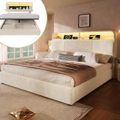 Blackcolors Lit double 140x200 cm, tête réglable, LED/USB, hydraulique, velours - beige Clearance
