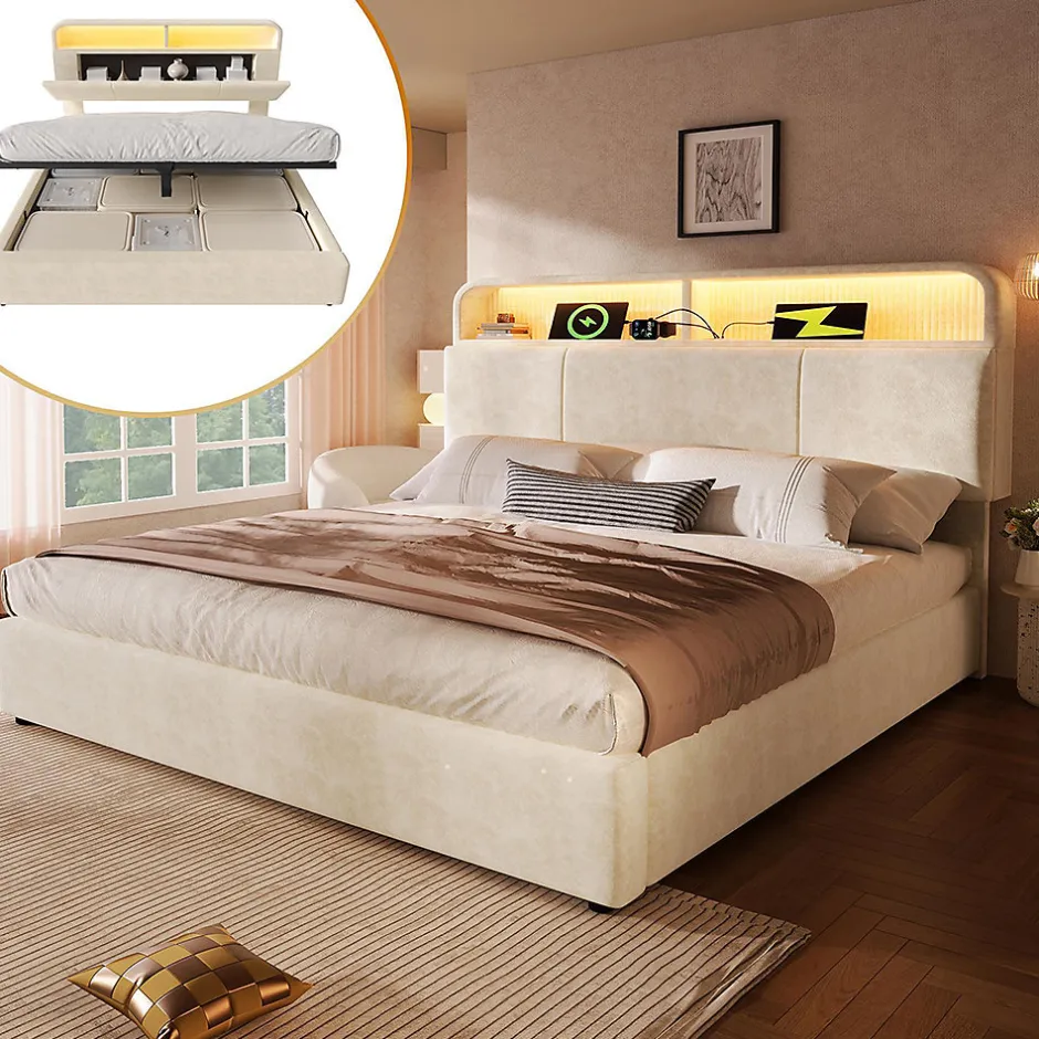Blackcolors Lit double 140x200 cm, tête réglable, LED/USB, hydraulique, velours - beige Clearance
