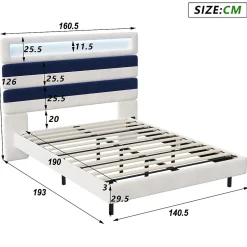 ProximaX Lit double 140x190 cm velours blanc et bleu, tête rayée réglable, LED tête/pied, ports USB et chargeur EU Online