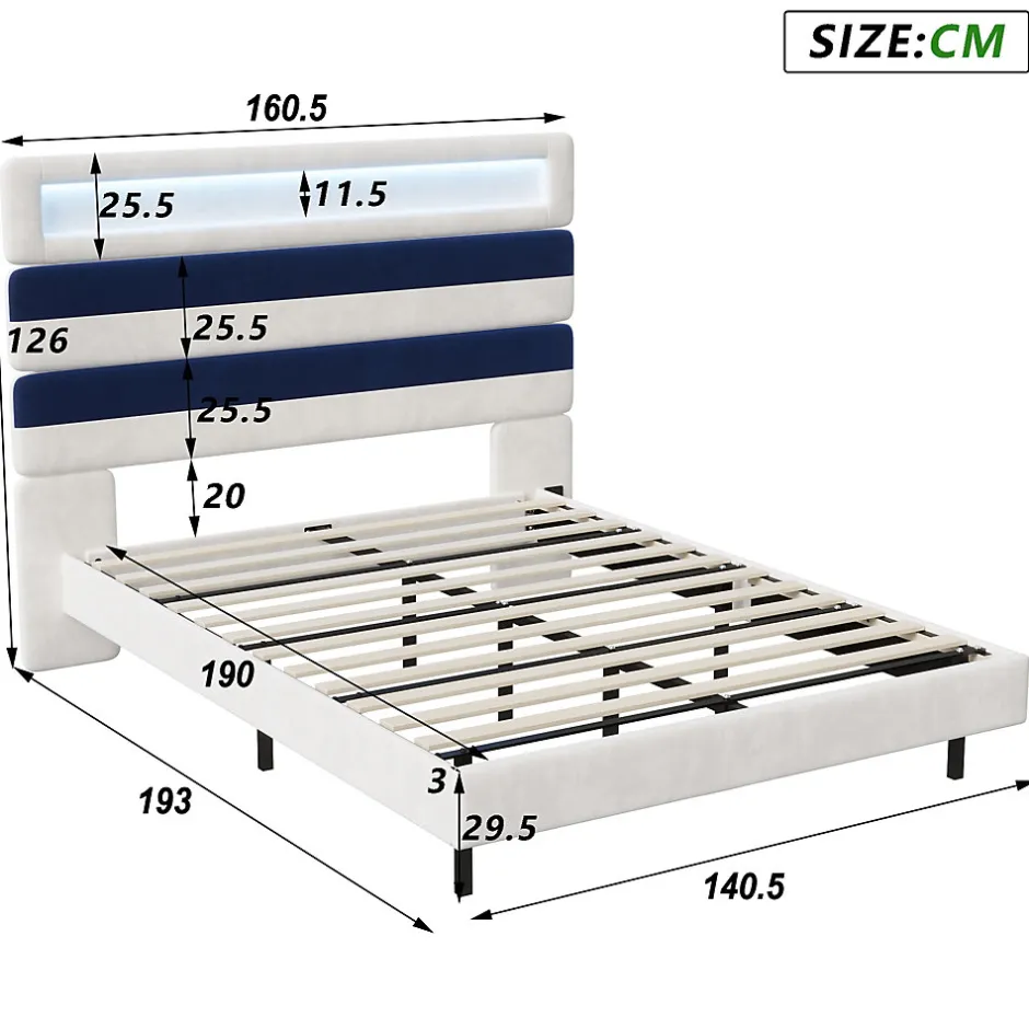 ProximaX Lit double 140x190 cm velours blanc et bleu, tête rayée réglable, LED tête/pied, ports USB et chargeur EU Online