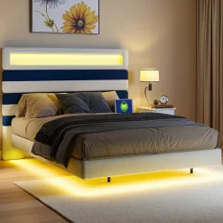 ProximaX Lit double 140x190 cm velours blanc et bleu, tête rayée réglable, LED tête/pied, ports USB et chargeur EU Online