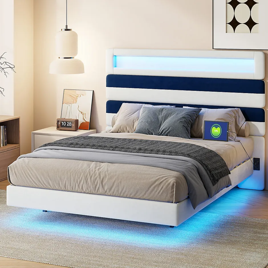 ProximaX Lit double 140x190 cm velours blanc et bleu, tête rayée réglable, LED tête/pied, ports USB et chargeur EU Online