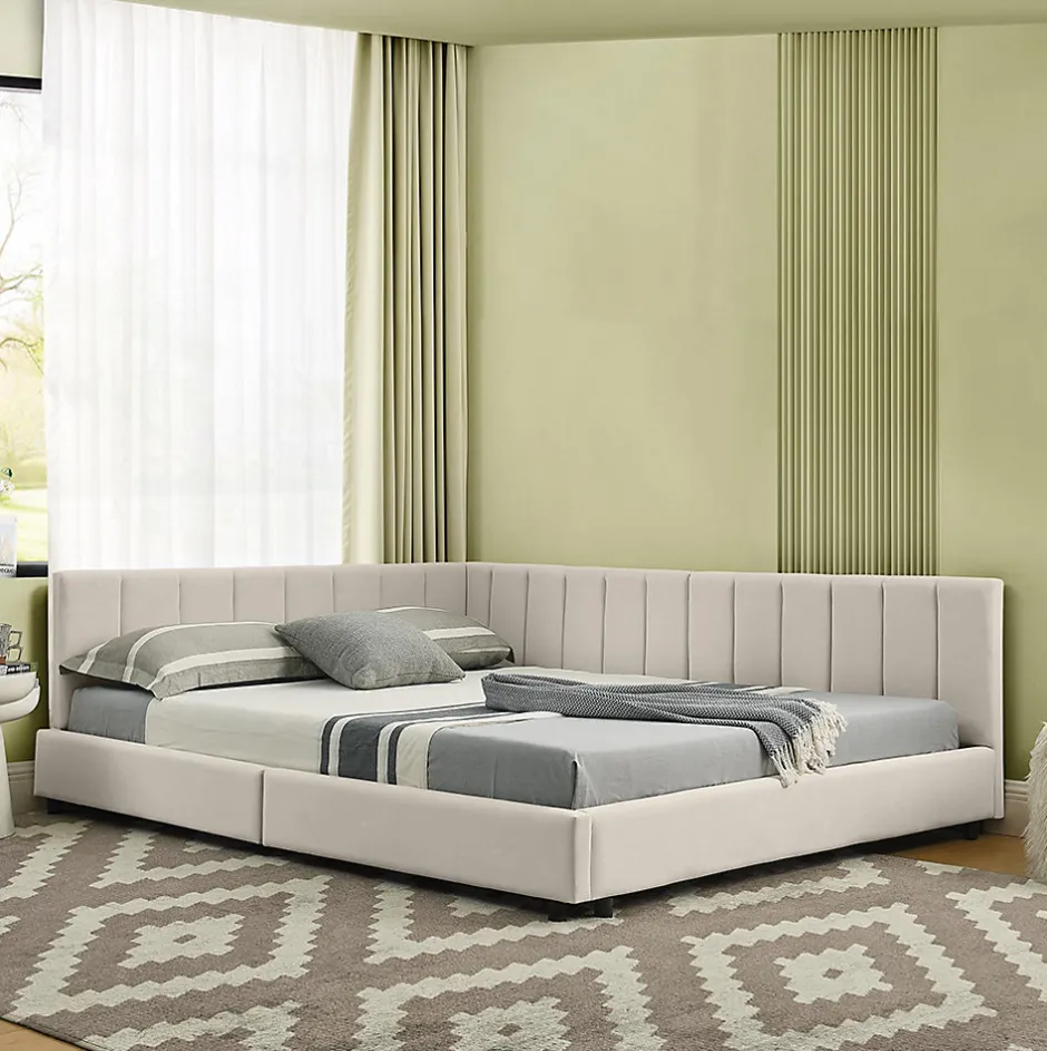 Blackcolors Lit double 140x200 cm, velours, dossier haut - beige