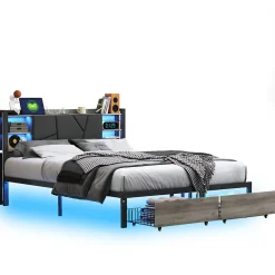 Fortuna lai Lit Double 160x200 Métal, Cadre de lit avec éclairage LED et Charge USB, Lit Double rembourré avec 2 tiroirs, Noir