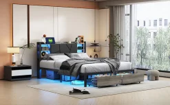 Fortuna lai Lit Double 160x200 Métal, Cadre de lit avec éclairage LED et Charge USB, Lit Double rembourré avec 2 tiroirs, Noir