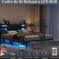 Fortuna lai Lit Double 160x200 Métal, Cadre de lit avec éclairage LED et Charge USB, Lit Double rembourré avec 2 tiroirs, Noir
