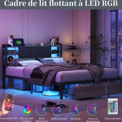 Fortuna lai Lit Double 160x200 Métal, Cadre de lit avec éclairage LED et Charge USB, Lit Double rembourré avec 2 tiroirs, Noir