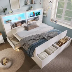 ModernLuxe Lit double 140x200cm - avec lumière LED et port USB - avec banc coffre - grand espace de rangement - Blanc (sans matelas) Sale