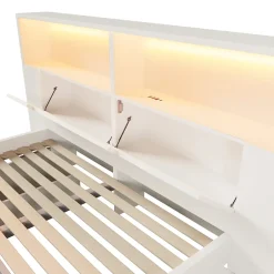 ModernLuxe Lit double 140x200cm - avec lumière LED et port USB - avec banc coffre - grand espace de rangement - Blanc (sans matelas) Sale