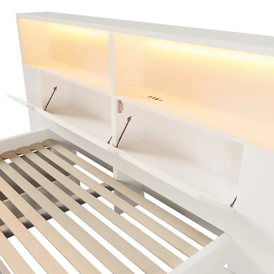 ModernLuxe Lit double 140x200cm - avec lumière LED et port USB - avec banc coffre - grand espace de rangement - Blanc (sans matelas) Sale