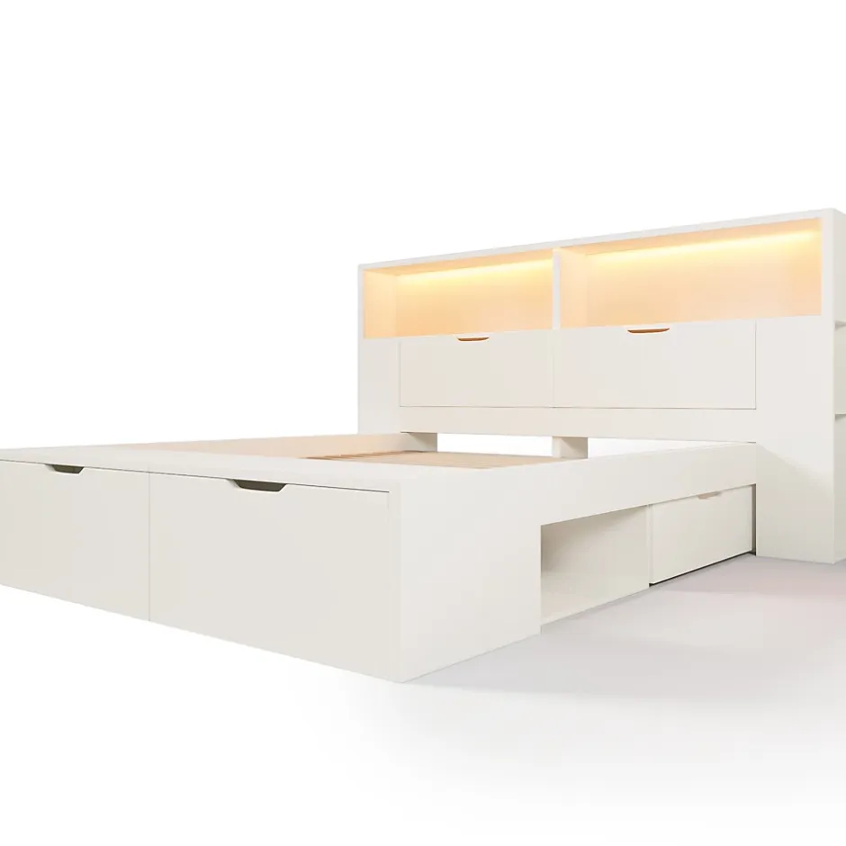 ModernLuxe Lit double 140x200cm - avec lumière LED et port USB - avec banc coffre - grand espace de rangement - Blanc (sans matelas) Sale